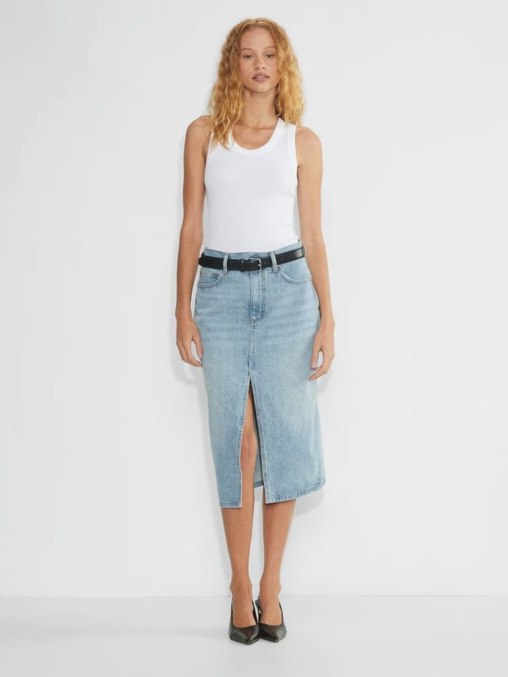 Denim Forum Aritzia The '90s Halle Midi Skirt Light Wash Front Slit | Size 29
